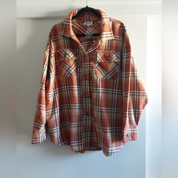 Oversized Plaid Shirt Jacket Women's Large Orange Brown New - Picture 3 of 7